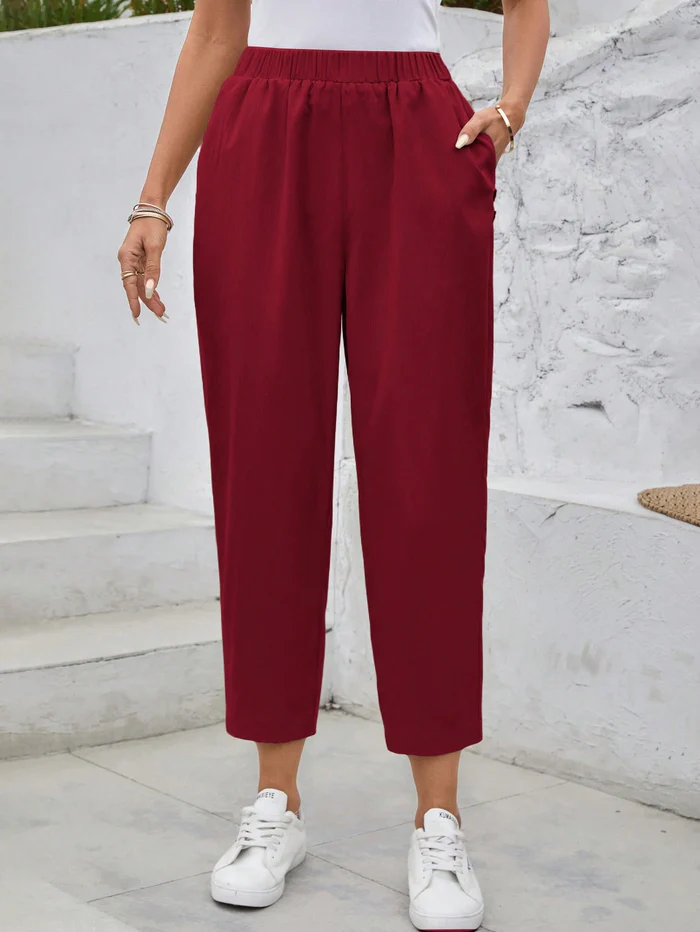 Casual Broek met Elastische Taille – Bordeauxrood