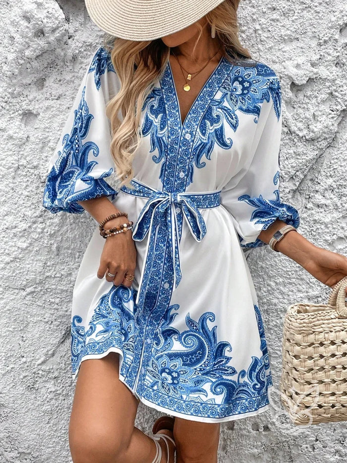 Boho Chic Mini Jurk met Blauwe Print