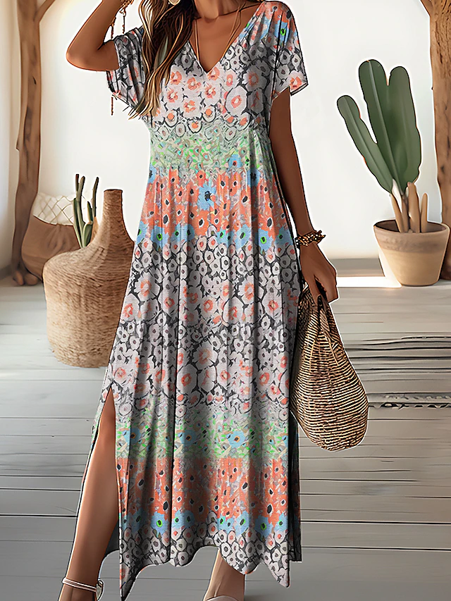 Maxi Zomerjurk met V-Hals en Boho Print